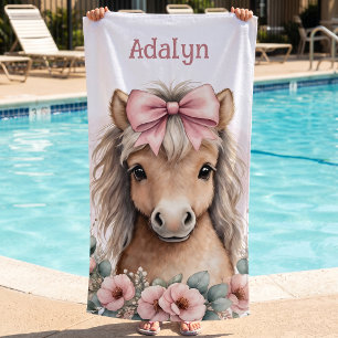 Mädchen Süß Rosa Florales Pferd Personalisierter N Strandtuch