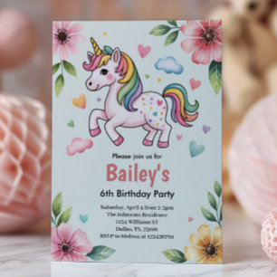 Mädchen Süßes Rosa Einhorn Kinder 6. Geburtstagsfe Einladung
