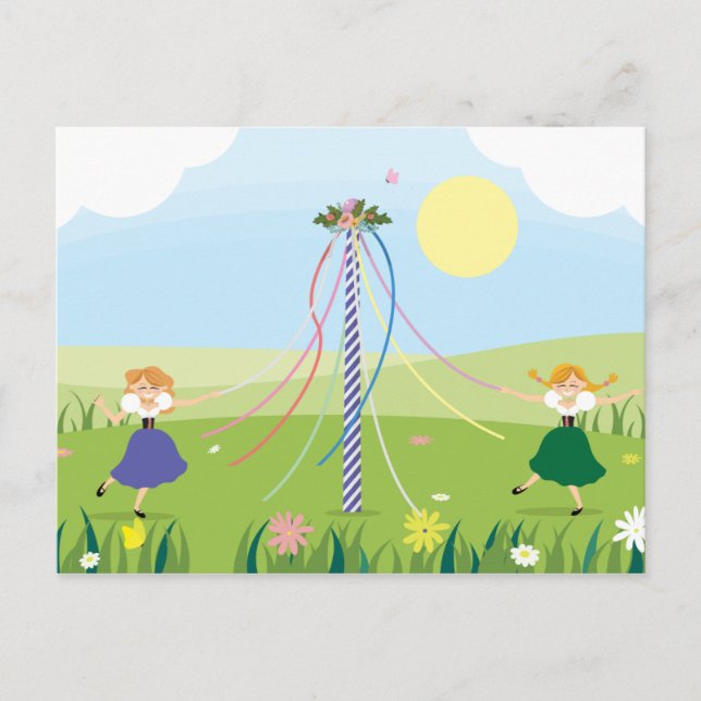 Mädchen tanzen um Maypole Postkarte (Vorderseite)
