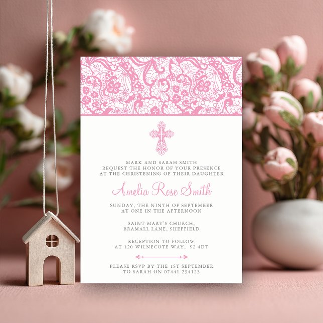 Mädchen - Taufe Einladung (Graceful and timeless 💕 A pink lace christening invitation for your baby girl’s special day.)