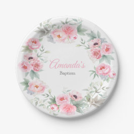 Mädchen-Taufe, elegant, rosa, Aquarell mit Blumen Pappteller