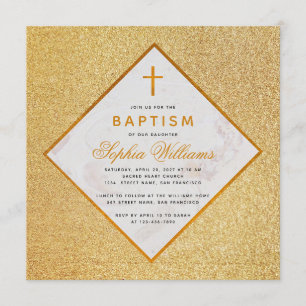 Mädchen Taufe Faux-Gold-Glitter-Kreuz Weißer Marmo Einladung