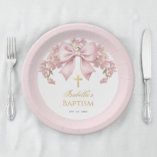 Mädchen-Taufe Rosa Schleife Floral und goldenes Kr Pappteller