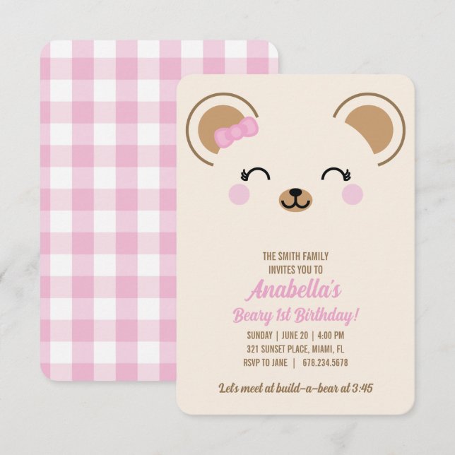 Mädchen Teddybär Geburtstagsfeier Einladung oder A (Vorne/Hinten)