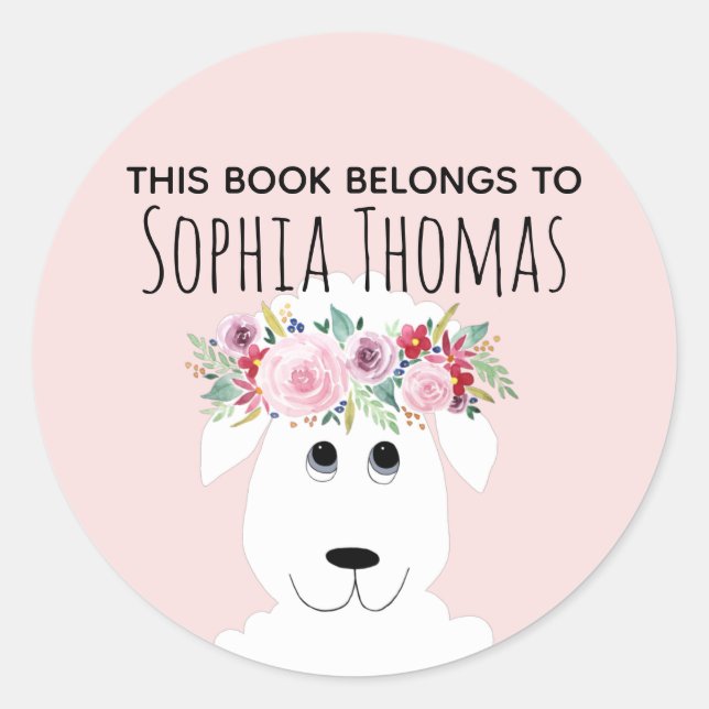 Mädchen "This Book Belongs" Lamb Name Buchzeichen Runder Aufkleber (Vorderseite)
