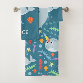 Mädchen Trendy und moderne narwhal Muster Name Kin Badhandtuch Set