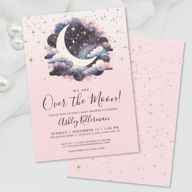 Mädchen über der Mond Babydusche Einladung (Girl Over The Moon Baby Shower Invitation)