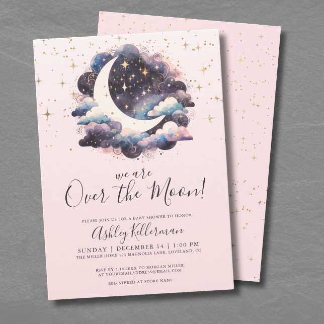 Mädchen über der Mond Babydusche Einladung (Girl Over The Moon Baby Shower Invitation )