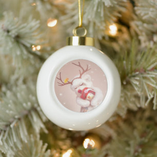 Mädchen umarmender Hund in Rentierfäusten Keramik Kugel-Ornament