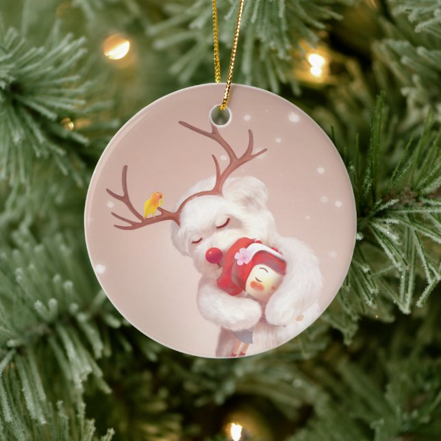 Mädchen umarmender Hund in Rentierfäusten Keramik Ornament (Baum)