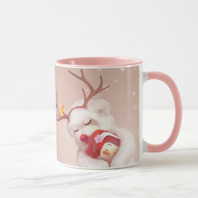Mädchen umarmender Hund in Rentierfäusten Tasse (Rechts)