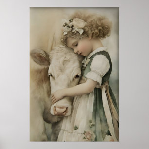 Mädchen umarmt Kuh Antik Druck, Salbeigrün Rustika Poster
