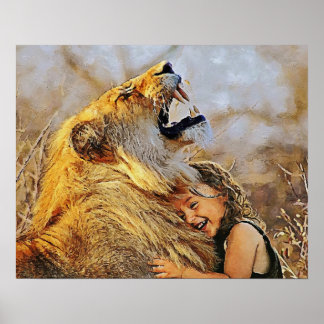 Mädchen umarmt Löwenwand für Dekoration. Poster