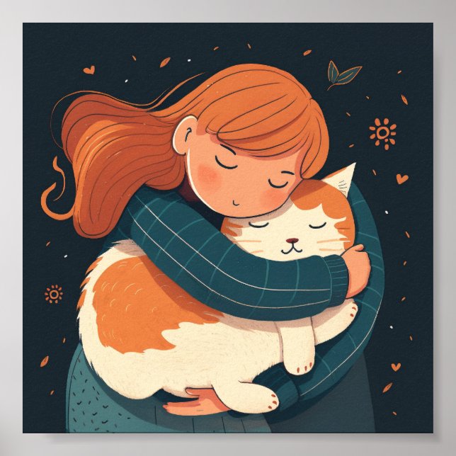Mädchen umarmt niedlichen KatzenCartoon. Kind und  Poster (Vorne)