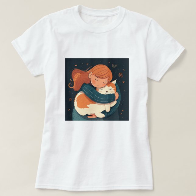 Mädchen umarmt niedlichen KatzenCartoon. Kind und  T-Shirt (Design vorne)