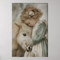 Mädchen umarmt Pony Antiquarischer Druck, Rustikal