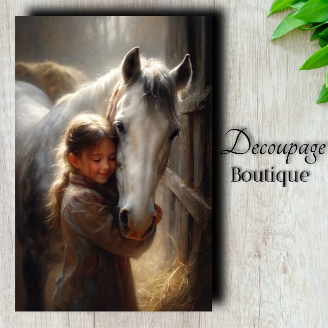 Mädchen umarmt Weißhorn Decoupage Seidenpapier (Girl Hugging White Horse Decoupage Tissue Paper)