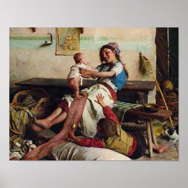 Mädchen und Baby von Gaetano Chierici Poster (Vorne)