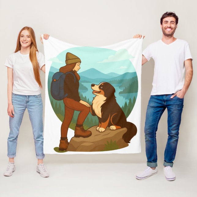 Mädchen-und-Berghund-Abenteuer-Illustration Fleecedecke (Beispiel)