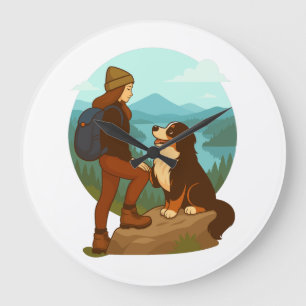 Mädchen-und-Berghund-Abenteuer-Illustration Große Wanduhr