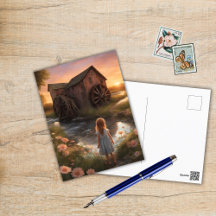 Mädchen und eine Mühle bei Sonnenuntergang