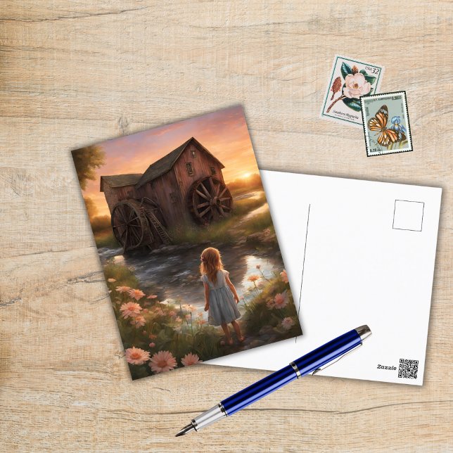 Mädchen und eine Mühle bei Sonnenuntergang Postkarte (Von Creator hochgeladen)