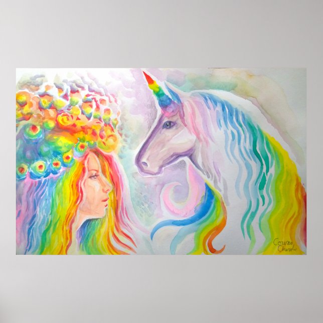 Mädchen und Einhorn mit Regenbogen Poster (Vorne)