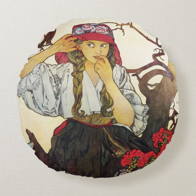 Mädchen und Geranium, Alphonse Mucha-Keuchenkissen Rundes Kissen (Vorderseite)