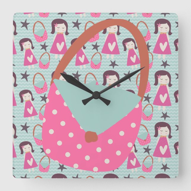 Mädchen und Handtaschen Quadratische Wanduhr (Vorderseite)