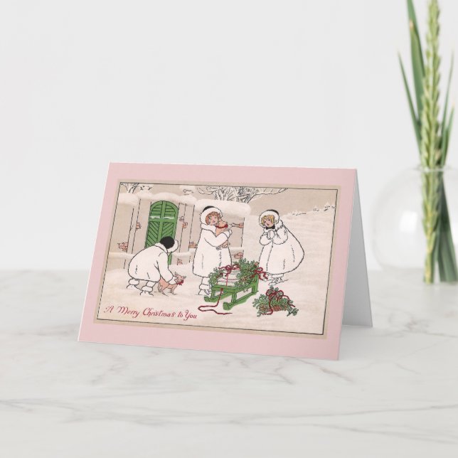 Mädchen-und Haustier-Schwein-Vintages Weihnachten (Vorderseite)