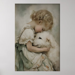 Mädchen und Hund Antik Druck, Rustikales Salbeigrü Poster