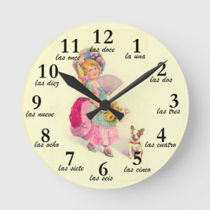 Mädchen und Hunde Vintages Motiv & Spanische Numme Runde Wanduhr