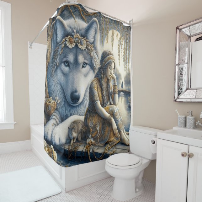 Mädchen und ihr Wolf teilen einen Moment Duschvorhang (Beispiel)