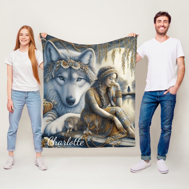 Mädchen und ihr Wolf teilen einen Moment Fleecedecke (Beispiel)