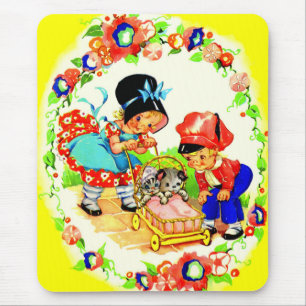 Mädchen und Junge und Kätzchen und Welpe Mousepad