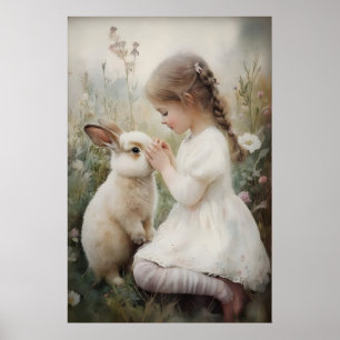 Mädchen und Kaninchen-Hasen-Druck, Osterhasen-Dorf Poster