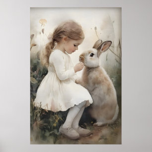 Mädchen und Kaninchen-Hasen-Druck, Osterhasendorf Poster