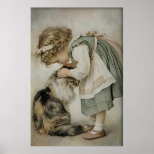 Mädchen und Katze Antik-Druck, rustikales Salbeigr Poster