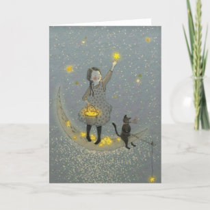 Mädchen und Katze auf dem Mond und den Sternen Feiertagskarte