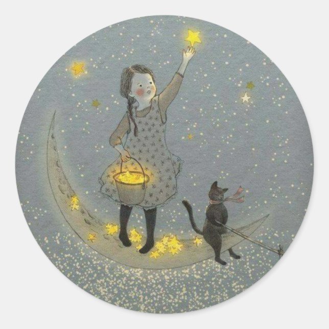 Mädchen und Katze auf dem Mond und den Sternen Runder Aufkleber (Vorderseite)