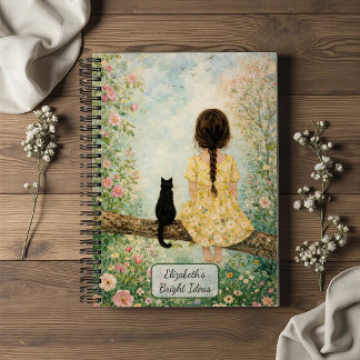 Mädchen und Katze im Frühlingsgarten Notizbuch