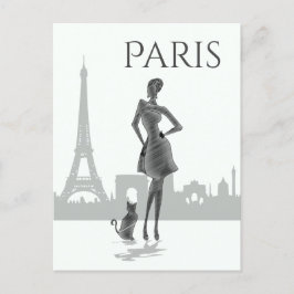 Mädchen und Katze in Paris mit Eiffelturm grau Postkarte