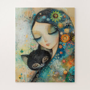 MÄDCHEN UND KATZE KUNST-PUZZLE