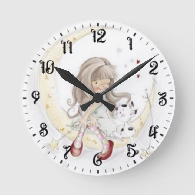 Mädchen und Katze  Runde Wanduhr (Vorderseite)