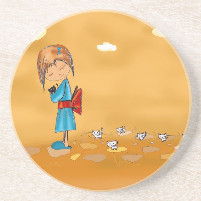 Mädchen und Katzen Getränkeuntersetzer (Vorne)