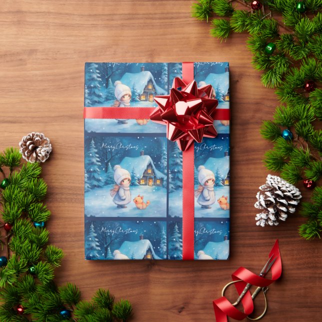 Mädchen und kleiner Fuchs zu Weihnachten Geschenkpapier (Feiertagsgeschenk)