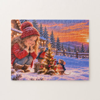 Mädchen und Mäuse schmücken einen Weihnachtsbaum