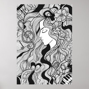 Mädchen und Musik. Vintage Darstellung. Schwarzer Poster