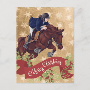 Mädchen und Pferd springen Frohe Weihnachten Golde Postkarte