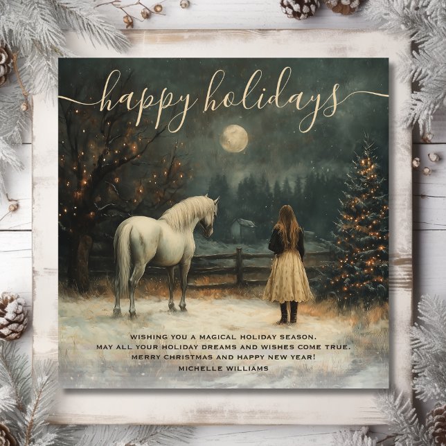 Mädchen und Pferd | Vollmond Winter Weihnachten (Front - Girl and Horse  Full Moon Winter Christmas Holiday Card)